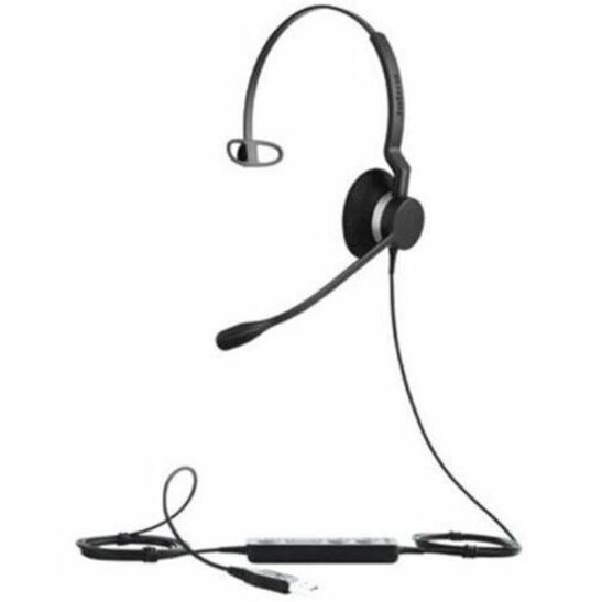 Jabra BIZ 2300 mono headset with adjustable boom microphone and in-line controller, shown in profile view