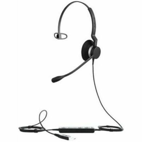 Side view of Jabra BIZ 2300 mono headset featuring adjustable boom microphone and inline controller with USB connection