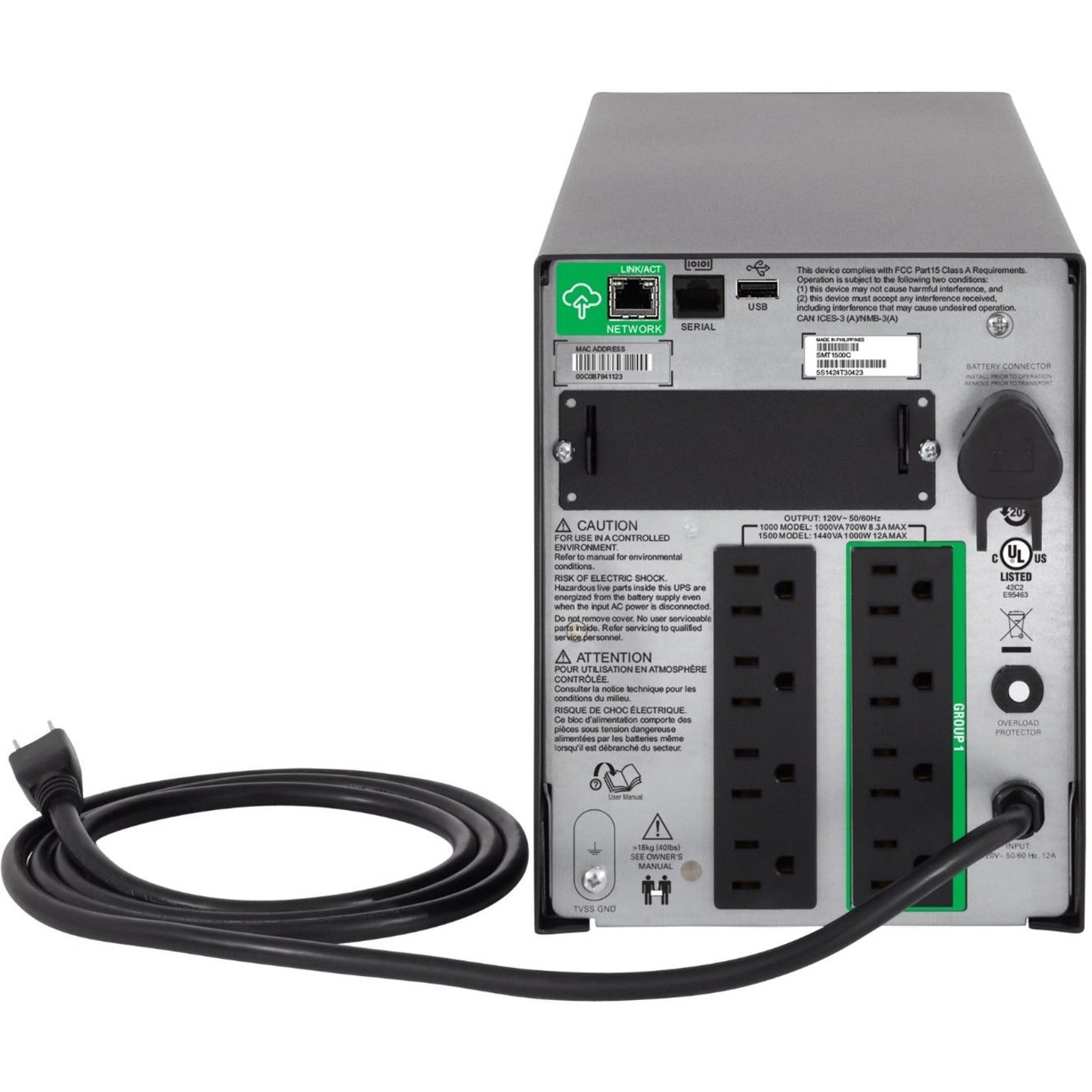 Rear view of APC Smart-UPS 1500VA showing power outlets, network ports, and connectivity options-alternate-image2