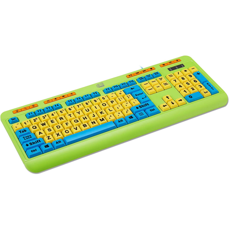 Side angle view of Adesso kids keyboard showing ergonomic design