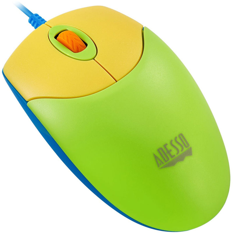 Detailed view of Adesso kids mouse showing button layout and scroll wheel