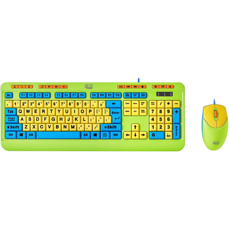 Adesso kids keyboard and mouse combo featuring bright yellow keys, blue function keys, and lime green frame