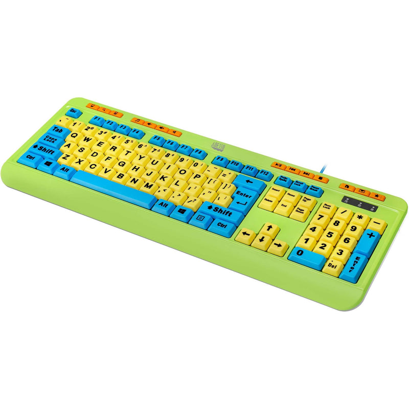 Angled view of Adesso kids keyboard highlighting multimedia controls