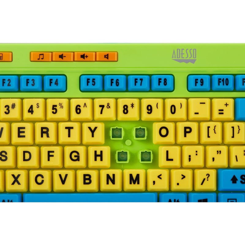 Close-up view of Adesso kids keyboard showing detailed key layout and spacing