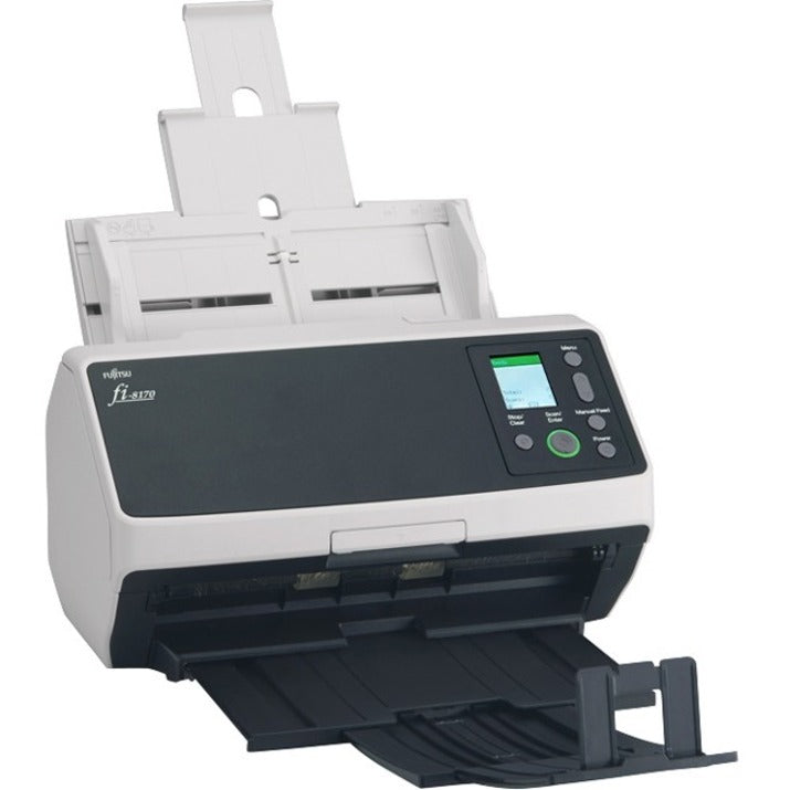 Angled view of Fujitsu fi-8170 with extended paper tray and document guides-alternate-image6