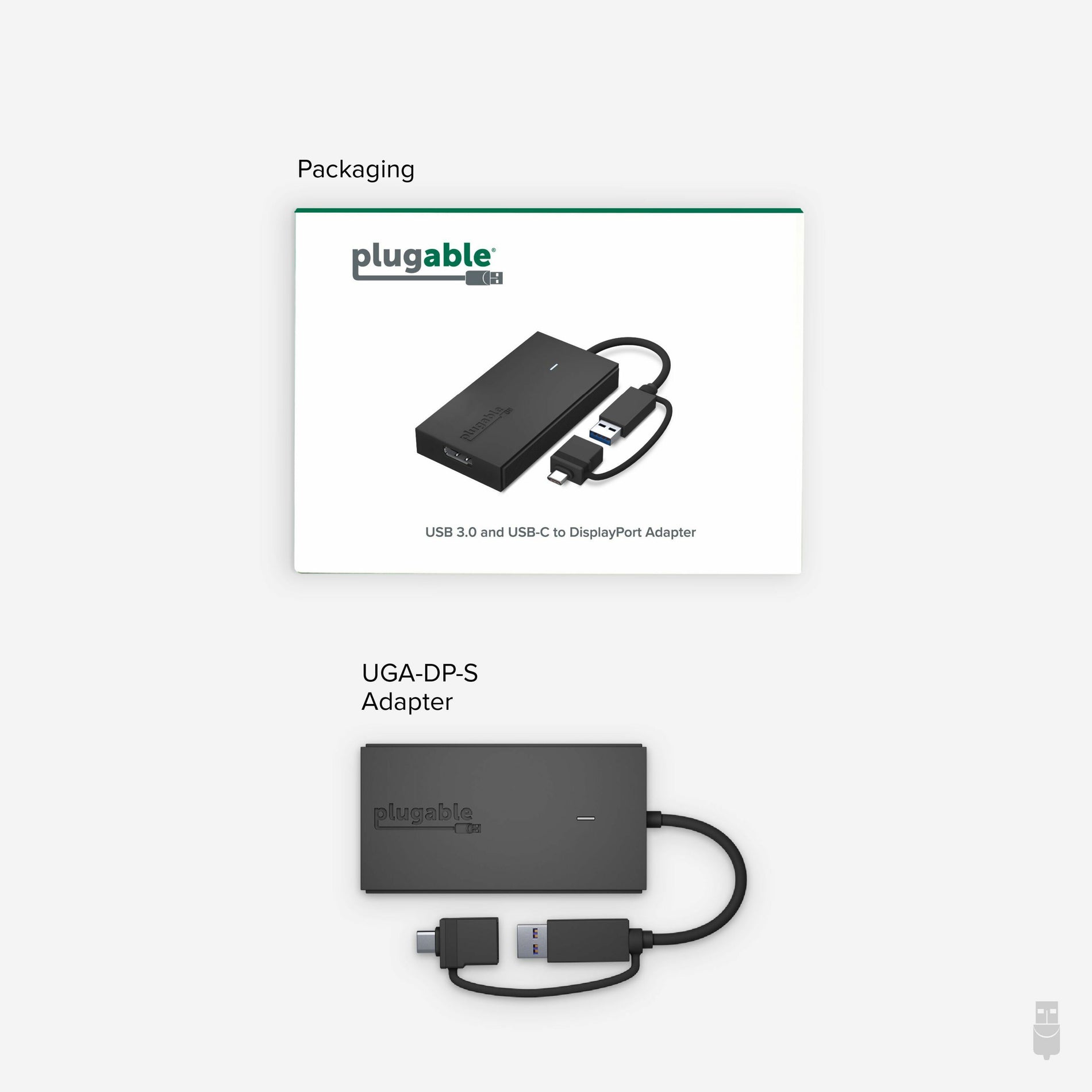 Adaptador de audio/video/USB-C/DisplayPort Plugable UGA-DP-S Carga HDCP Resolución admitida de 1920 x 1080