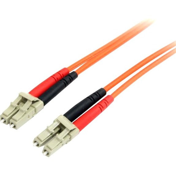 StarTech.com 10m orange multimode fiber patch cable with LC connectors showing both termination ends