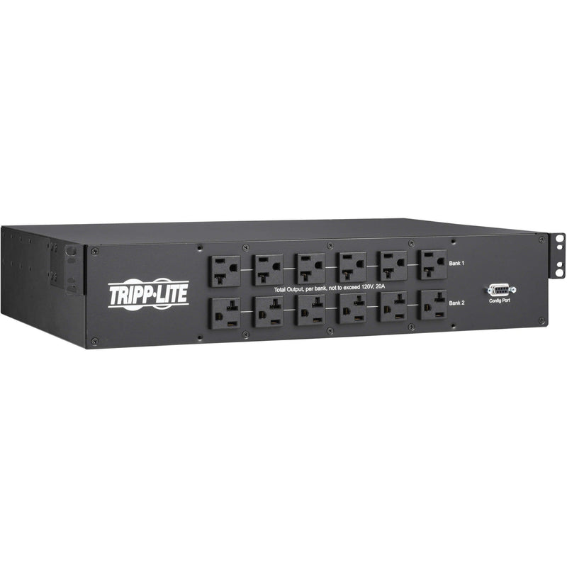 Front view of Tripp Lite PDUMNH30AT2 PDU showing dual banks of power outlets and configuration port