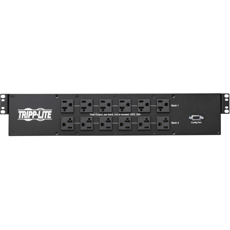 Horizontal view of Tripp Lite PDU showing dual outlet banks and configuration interface