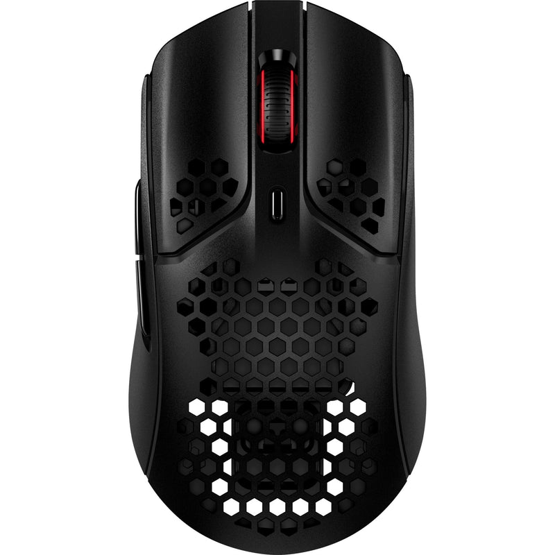 Top view of black HyperX Pulsefire Haste gaming mouse showing honeycomb shell design with red scroll wheel accent