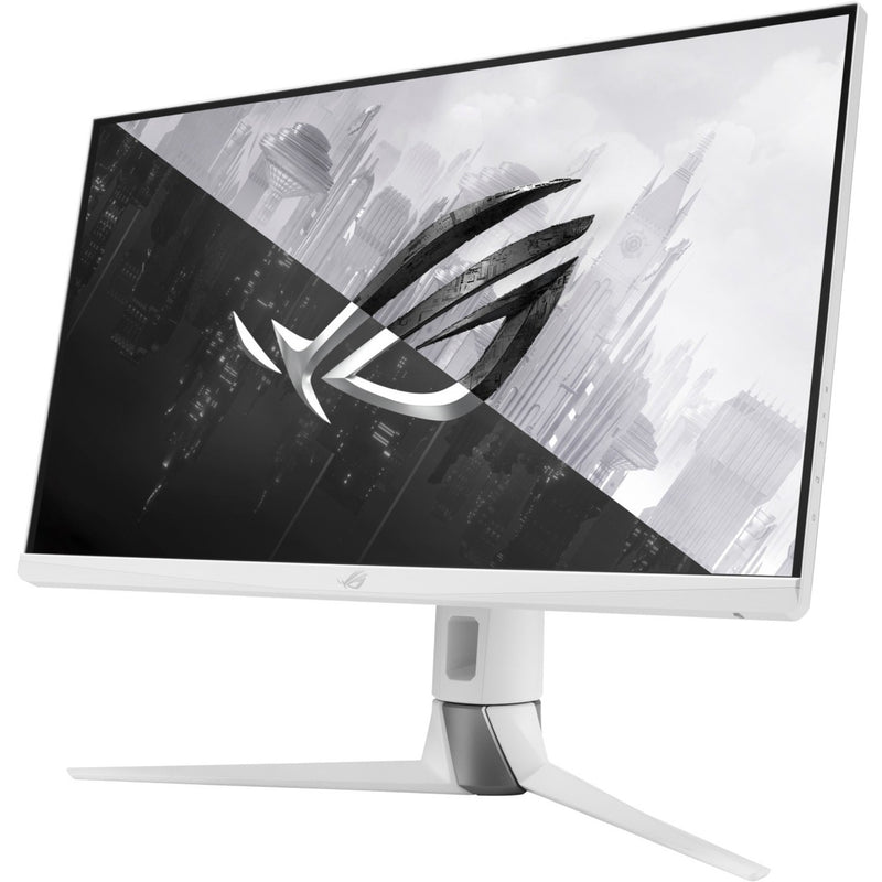 Front view of ASUS ROG Strix XG27AQ-W gaming monitor displaying ROG logo against cityscape