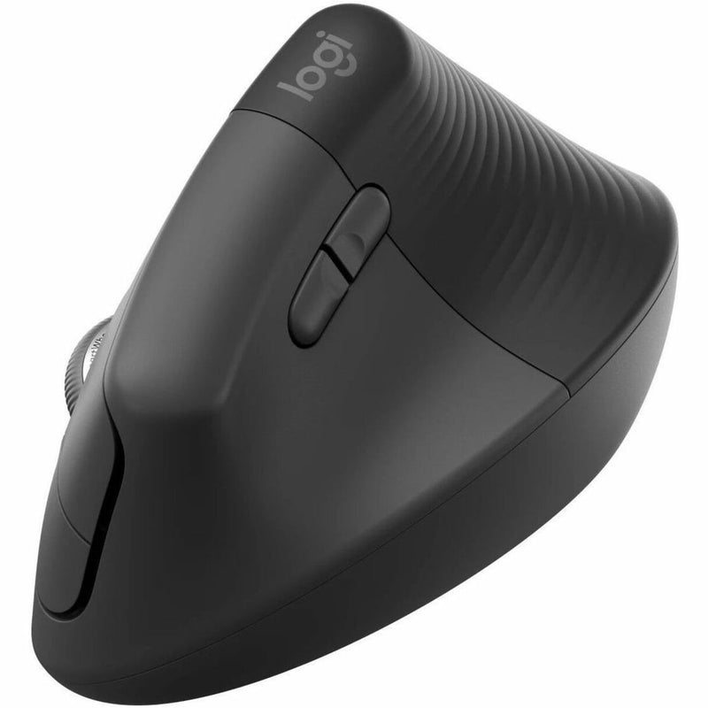 Profile view of Logitech Lift Ergo Mouse highlighting ergonomic curves and button placement