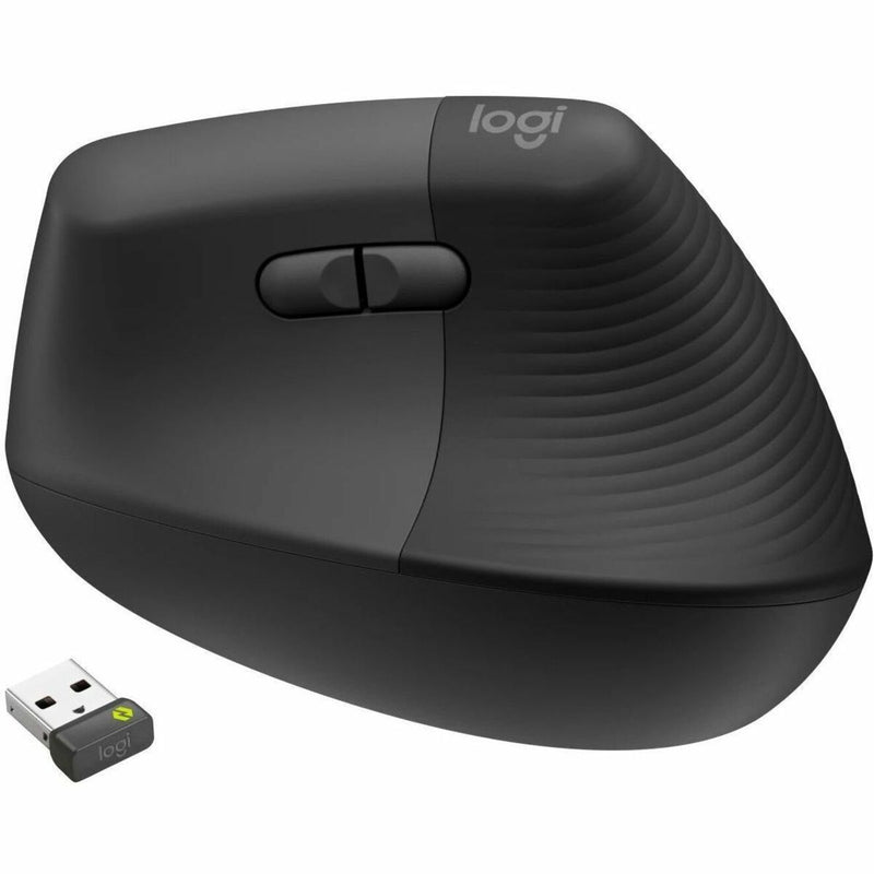 Logitech Lift Ergo Mouse in graphite color with vertical ergonomic design and USB receiver