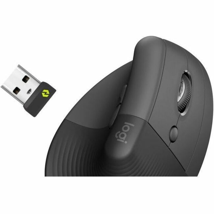 Detail of Logitech Lift Ergo Mouse wireless connectivity features with USB receiver