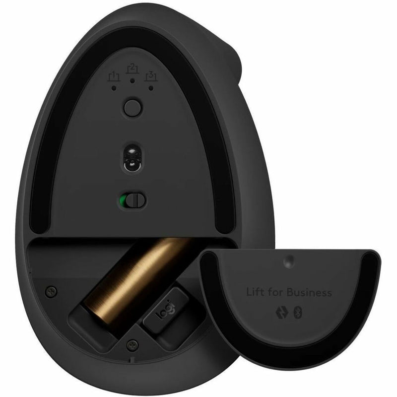 Bottom view of Logitech Lift Ergo Mouse showing device switching controls and battery compartment