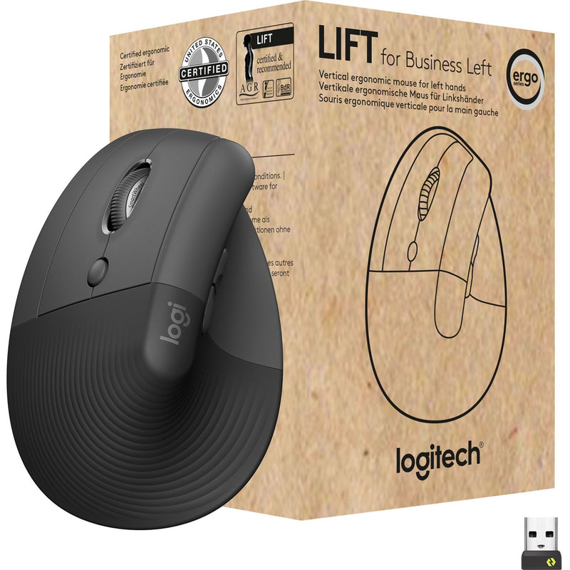 Logitech Lift Vertical Ergonomic Mouse product packaging showing ergonomic certifications and left-handed design