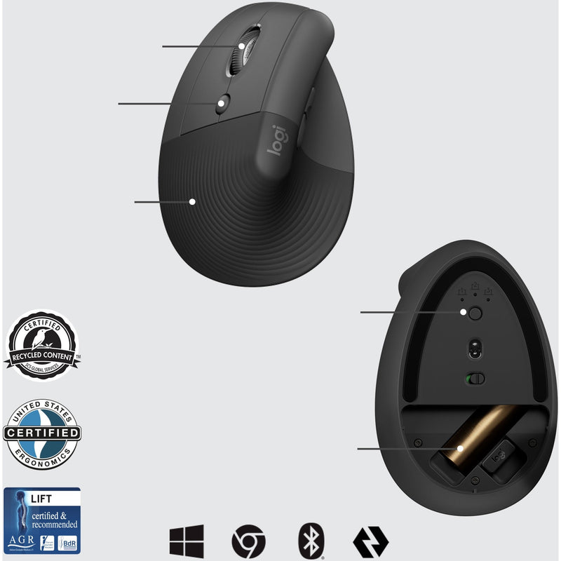 Technical diagram of Logitech Lift Mouse showing button placement and internal features with certification badges