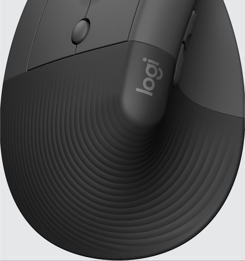 Close-up detail of Logitech Lift Mouse's unique textured grip pattern and ergonomic surface design