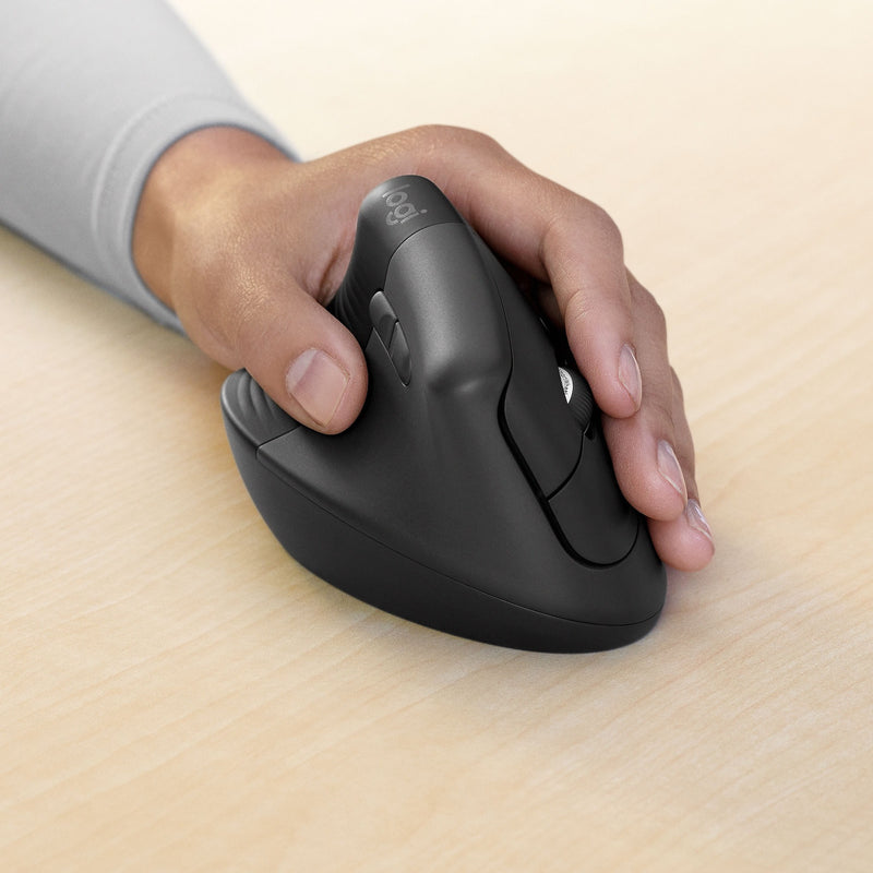 Demonstration of proper hand positioning on Logitech Lift Mouse showing natural wrist alignment