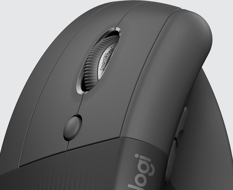 Close-up detail shot of Logitech Lift Mouse showing SmartWheel and precision engineering features