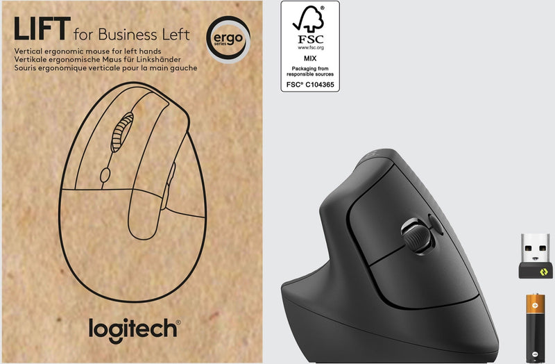 Complete package view of Logitech Lift Mouse with packaging, accessories, and FSC certification