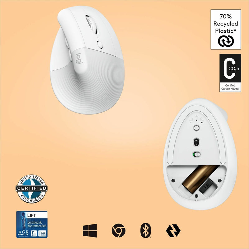 Logitech Lift mouse with certification badges and connectivity options