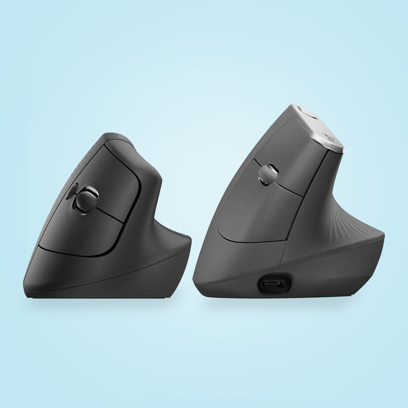 Two views of Logitech Lift mouse showing USB-C port and wireless connectivity features