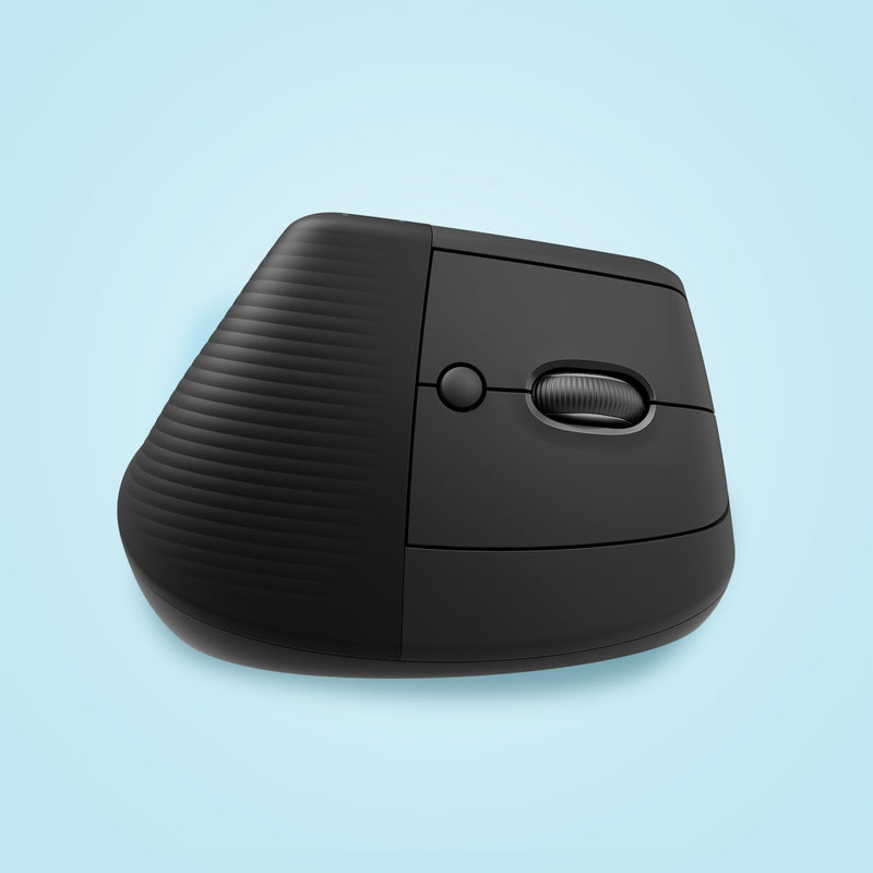 Detailed view of Logitech Lift mouse showing textured surface and button placement