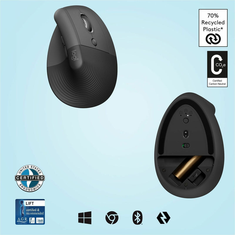 Logitech Lift mouse with environmental certification badges and connectivity icons