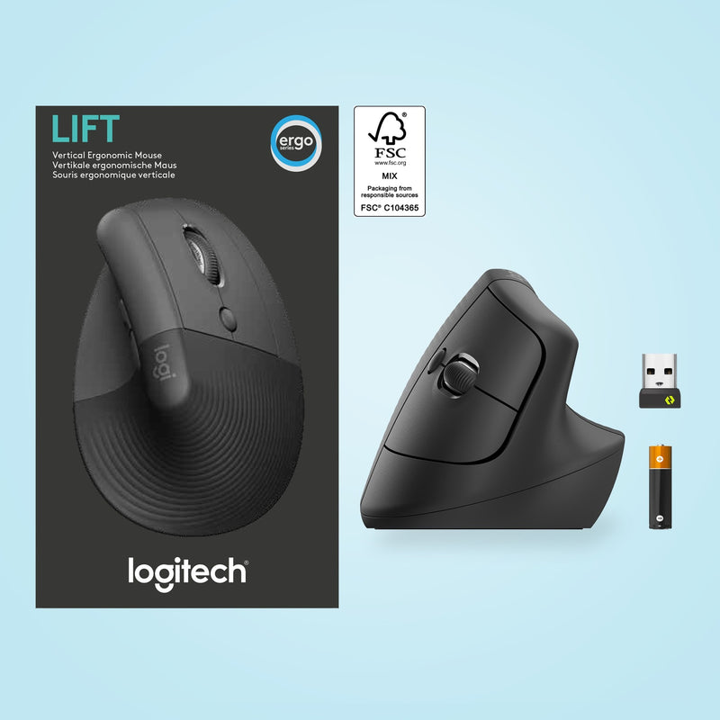 Logitech Lift mouse retail packaging with product and accessories