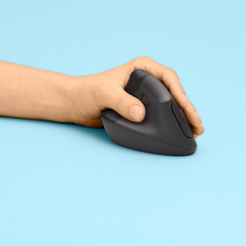 Hand demonstrating proper grip position on Logitech Lift Left Vertical Mouse