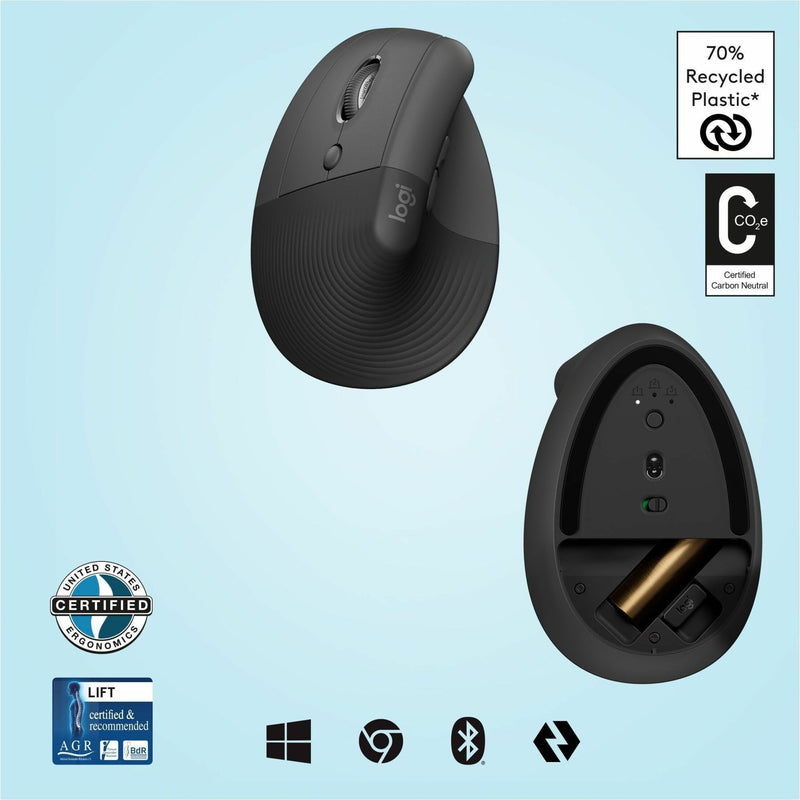 Logitech Lift Left Mouse with certification badges and connectivity options display