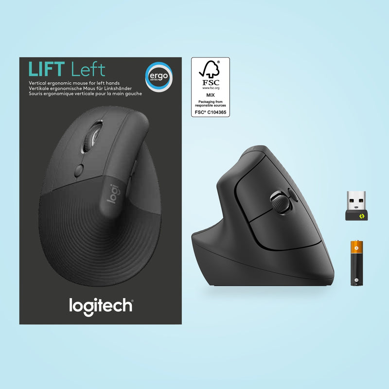 Logitech Lift Left Mouse product packaging and contents display