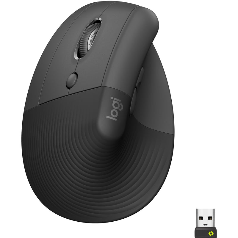 Logitech Lift Left Vertical Ergonomic Mouse in graphite color with USB receiver showing main angle view