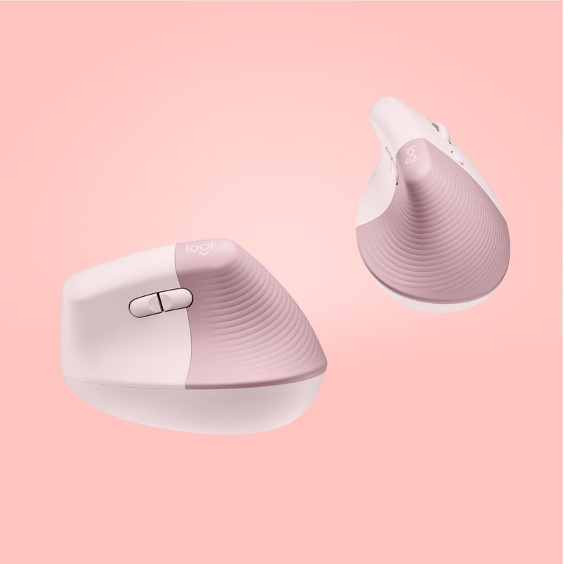 Artistic floating view of Logitech Lift mouse on pink background