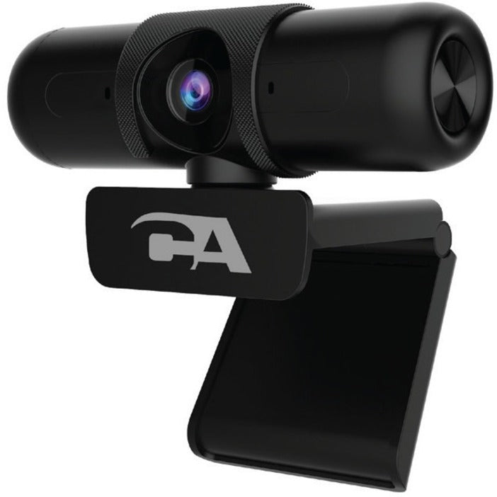 Side angle view of CA Essential Webcam highlighting privacy shutter and mounting mechanism