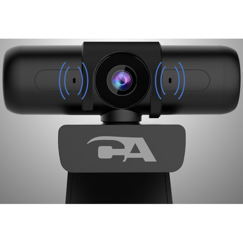 Front view of CA Essential Webcam with visual representation of dual microphone audio pickup