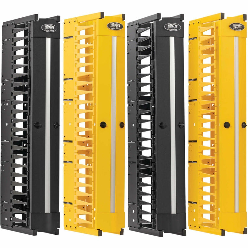 Front view of Tripp Lite SRCABLEVRT6HD2F dual-sided vertical cable manager in black and yellow