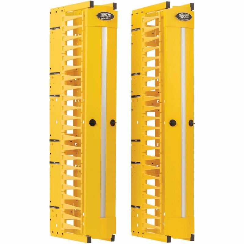 Front view of Tripp Lite yellow vertical cable manager showing finger duct design