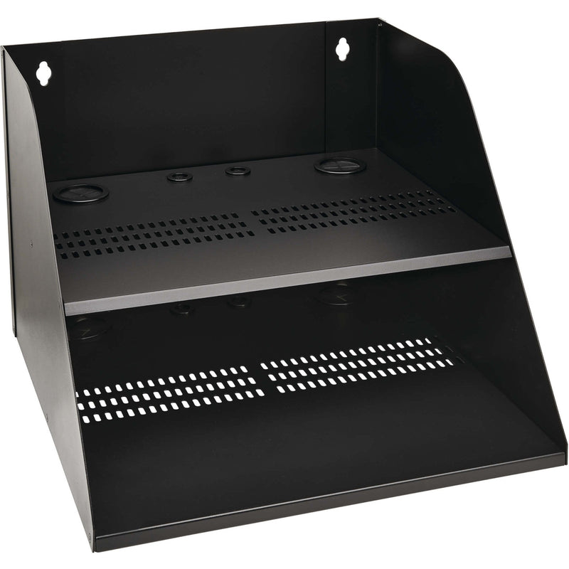 Front view of black steel wall-mount double shelf showing ventilation pattern and cable management grommets