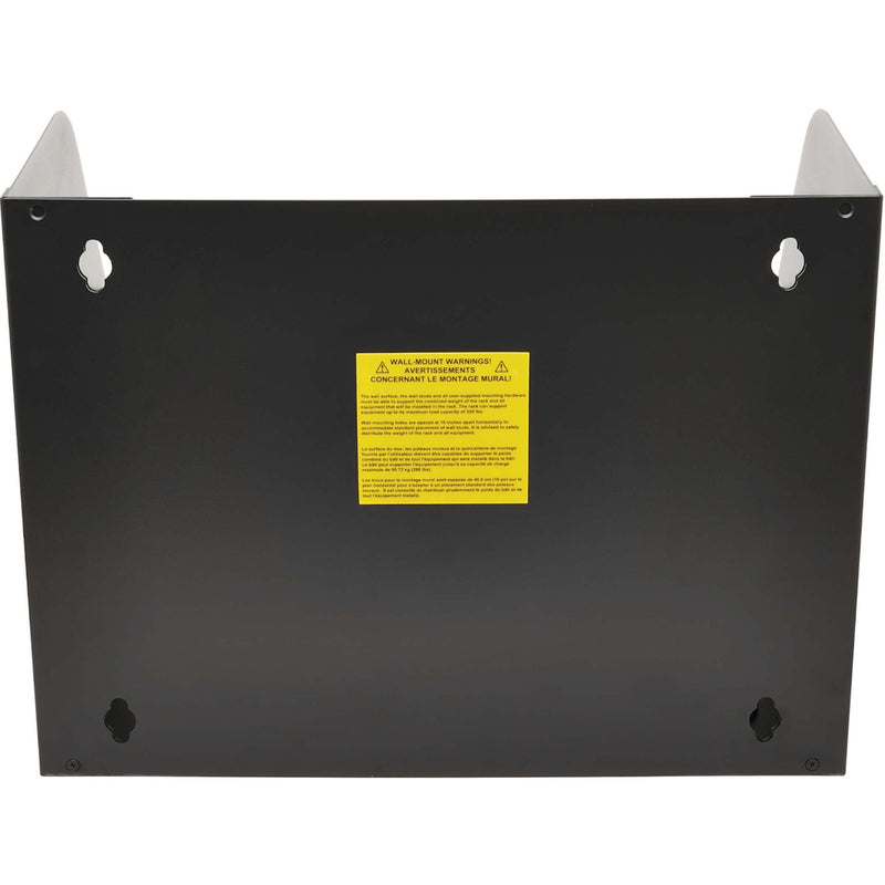 Rear view of wall mount shelf showing mounting holes and safety information