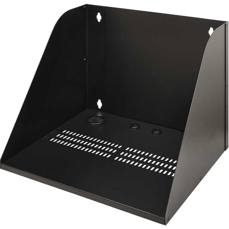 Angled view of IT equipment shelf showing ventilation pattern and mounting features