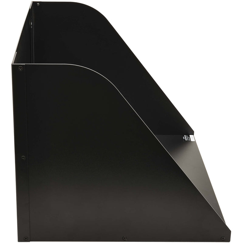 Side view of black wall-mount IT shelf showing angular profile design