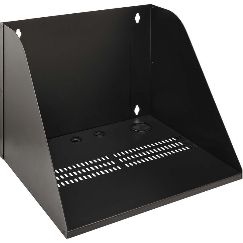 Black steel wall-mount IT equipment shelf showing ventilation slots and cable management grommets