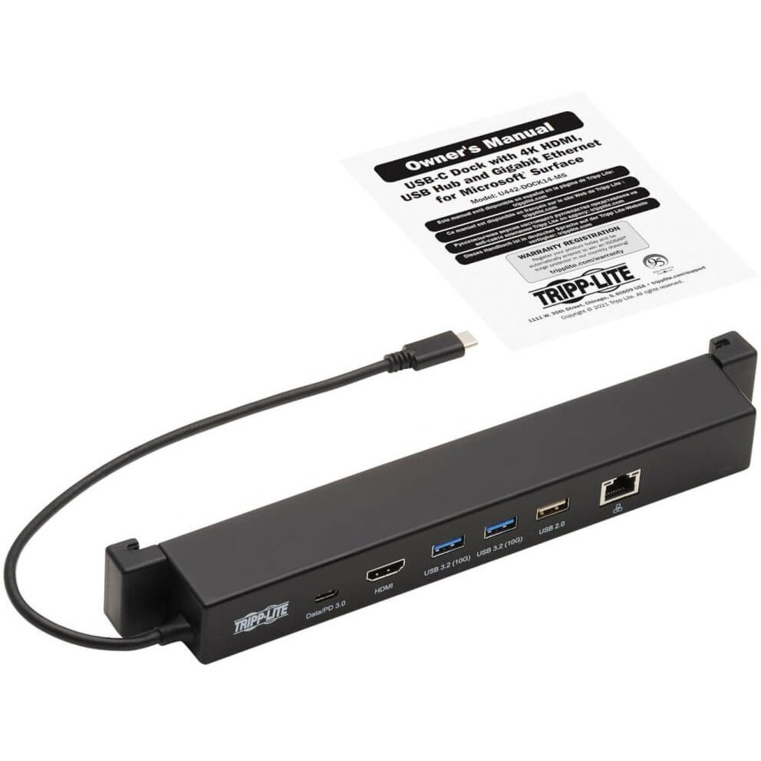 ทริปไลท์ U442-DOCK14-MS สถานีเชื่อมต่อสำหรับ Microsoft Surface 4K HDMI USB 3.2 Gen 2 USB-A ฮับ GbE การชาร์จ 100W PD สีดำ