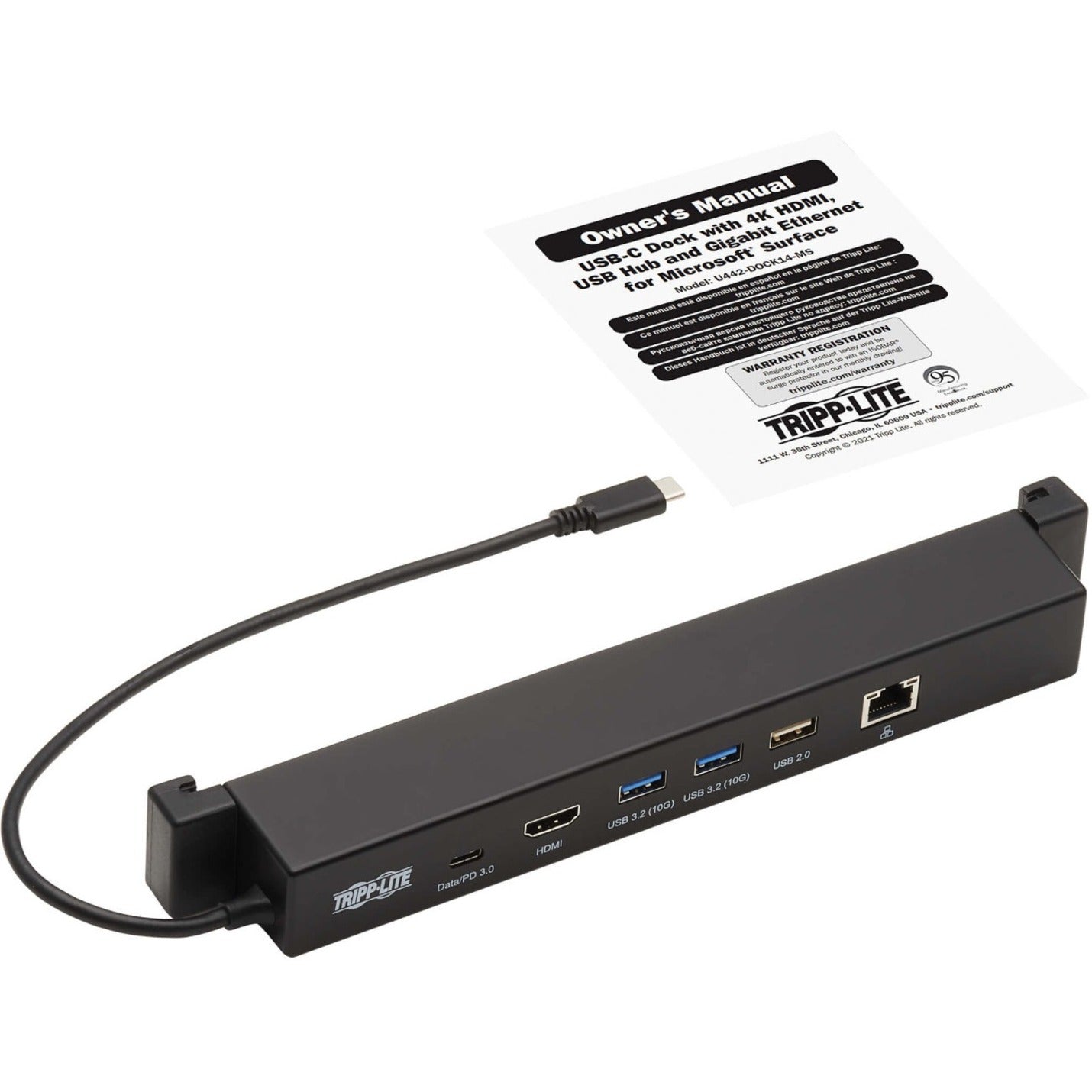 ทริปไลท์ U442-DOCK14-MS สถานีเชื่อมต่อสำหรับ Microsoft Surface 4K HDMI USB 3.2 Gen 2 USB-A ฮับ GbE การชาร์จ 100W PD สีดำ