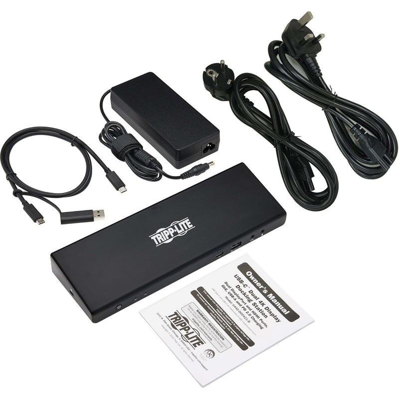 Complete package contents including docking station, power supply, cables, and documentation