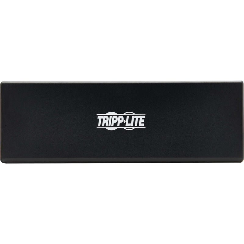 Top view of Tripp Lite docking station showing logo and premium finish