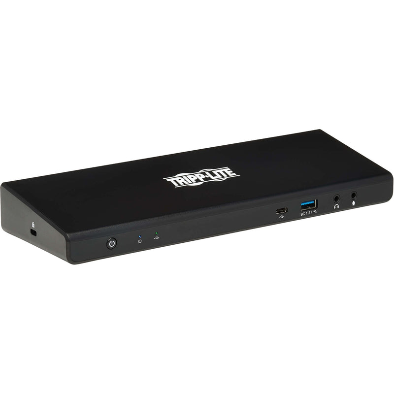 Front view of Tripp Lite U442-DOCK21BINT docking station showing power button, LED indicators, and audio ports