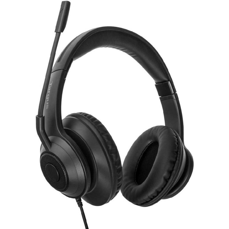 Angled perspective of Targus AEH102TT headset displaying overall design